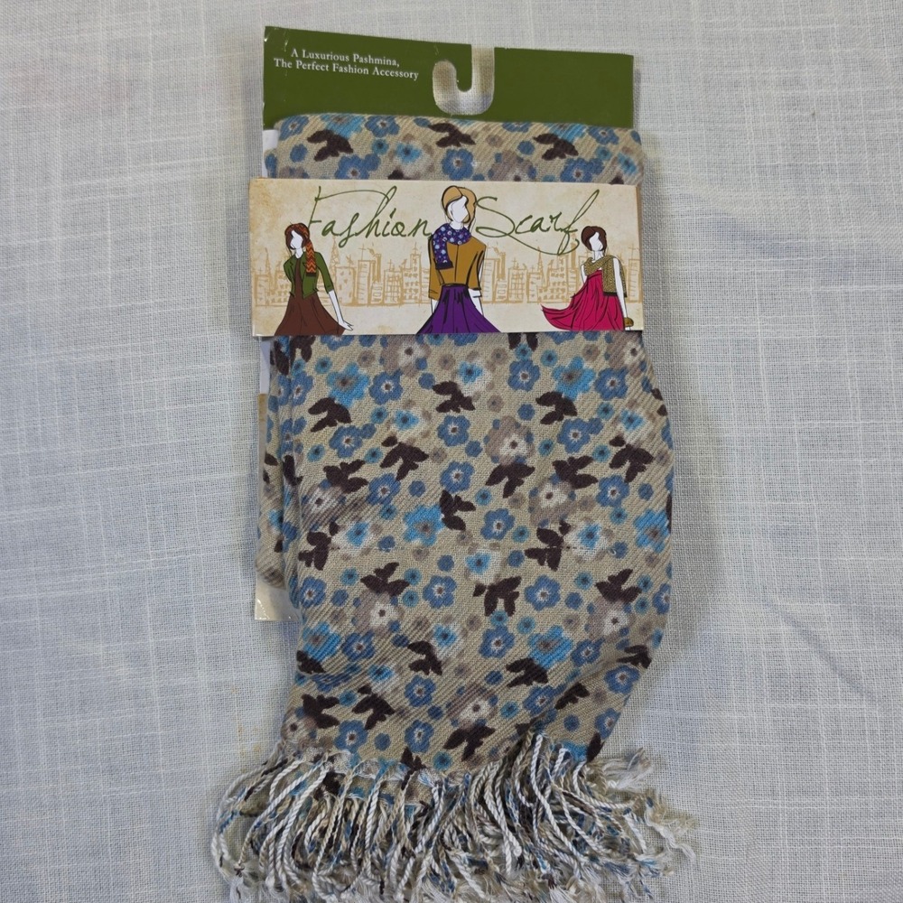 Blue Star Clothing Co Floral Pashmina Scarf Blue Brown Tan Fringe Acrylic NWT